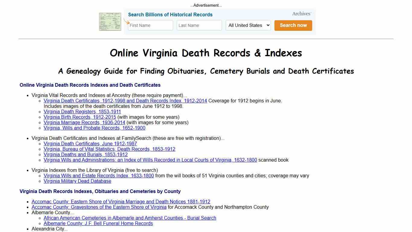 Online Virginia Death Indexes, Records & Obituaries